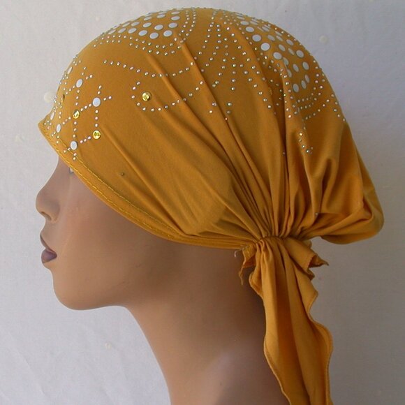 YELLOW  Pre-Tied Stud Fashion Cap Slip On Bonnet Hijab Undercap #1 - Picture 3 of 3